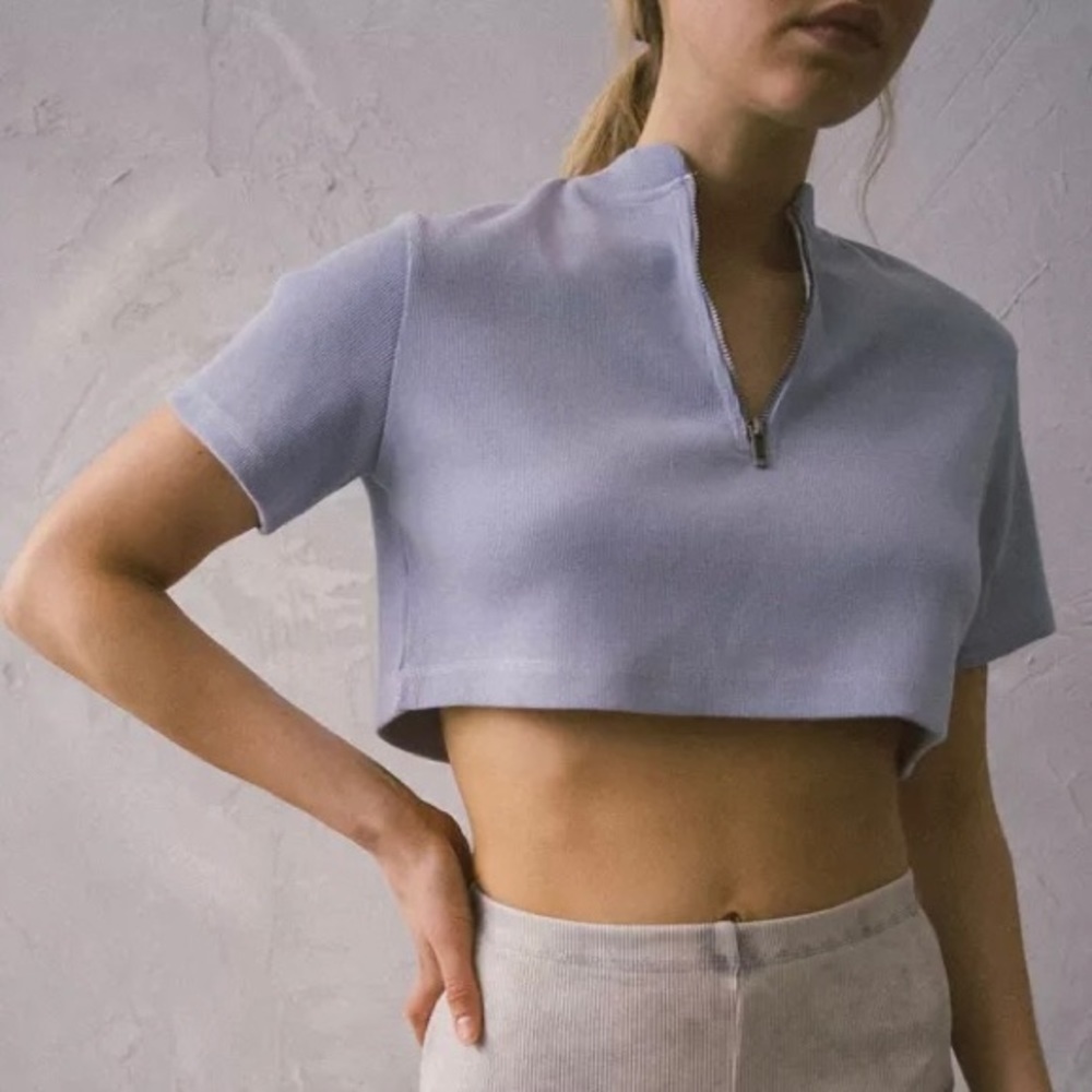 UO Out From Under Ryan Ribbed Half-Zip Cropped Tee in Lavender